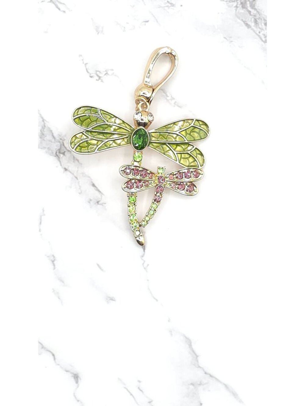 Dragonfly Pendant Charm With Green & Pink Crystals Gold-Tone Finish Lobster Clas - Picture 8 of 11